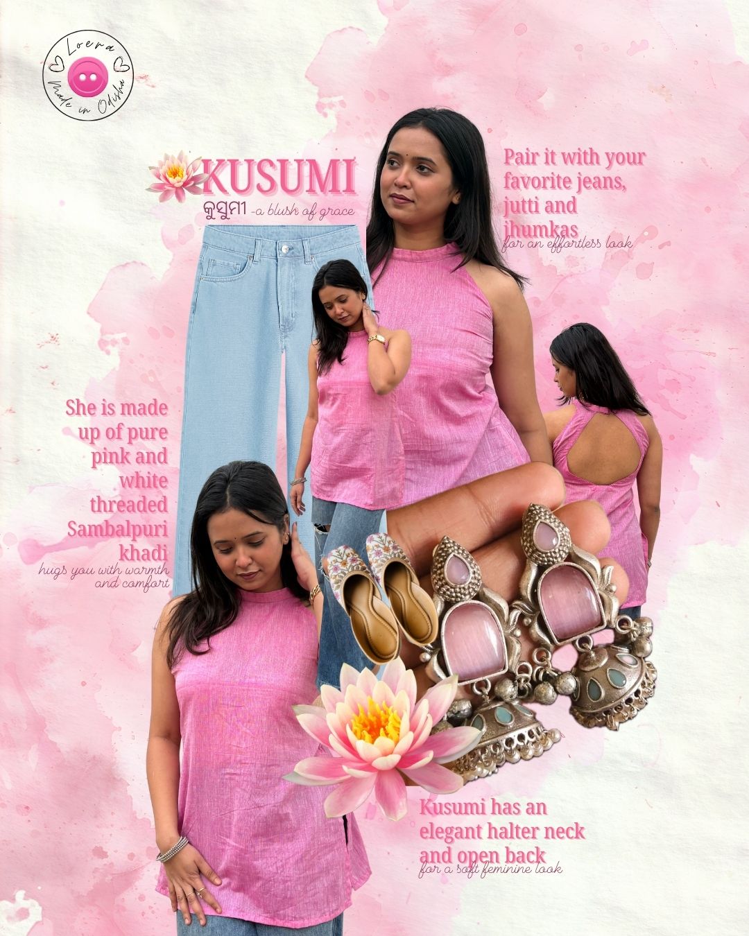Kusumi - Pink Sambalpuri Khadi Halter Neck Kurti