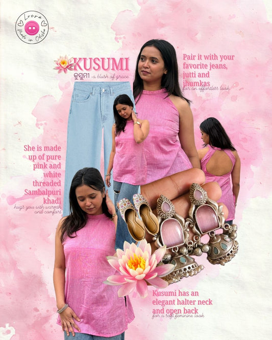 Kusumi - Pink Sambalpuri Khadi Halter Neck Kurti