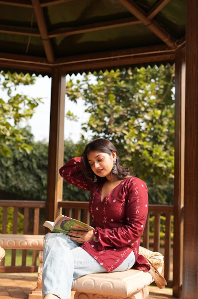 Sinduri-Maroon Sambalpuri Cotton Kurti