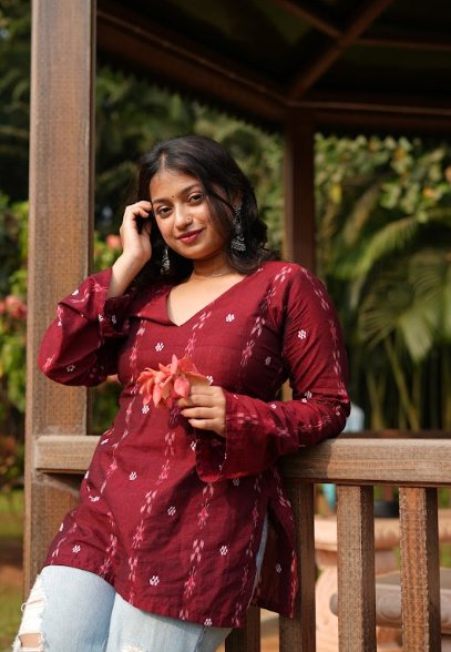 Sinduri-Maroon Sambalpuri Cotton Kurti
