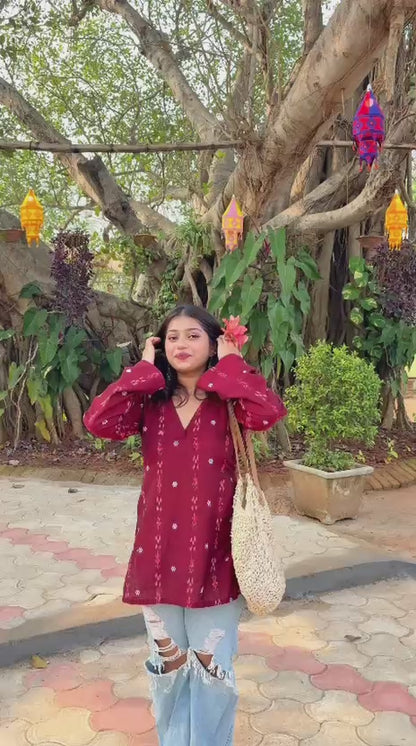 Sinduri-Maroon Sambalpuri Cotton Kurti